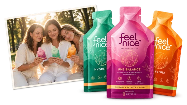 Saszetki Feel Nice Luna, Hydro i Flora obok zdjęcia trzech przyjaciółek w parku