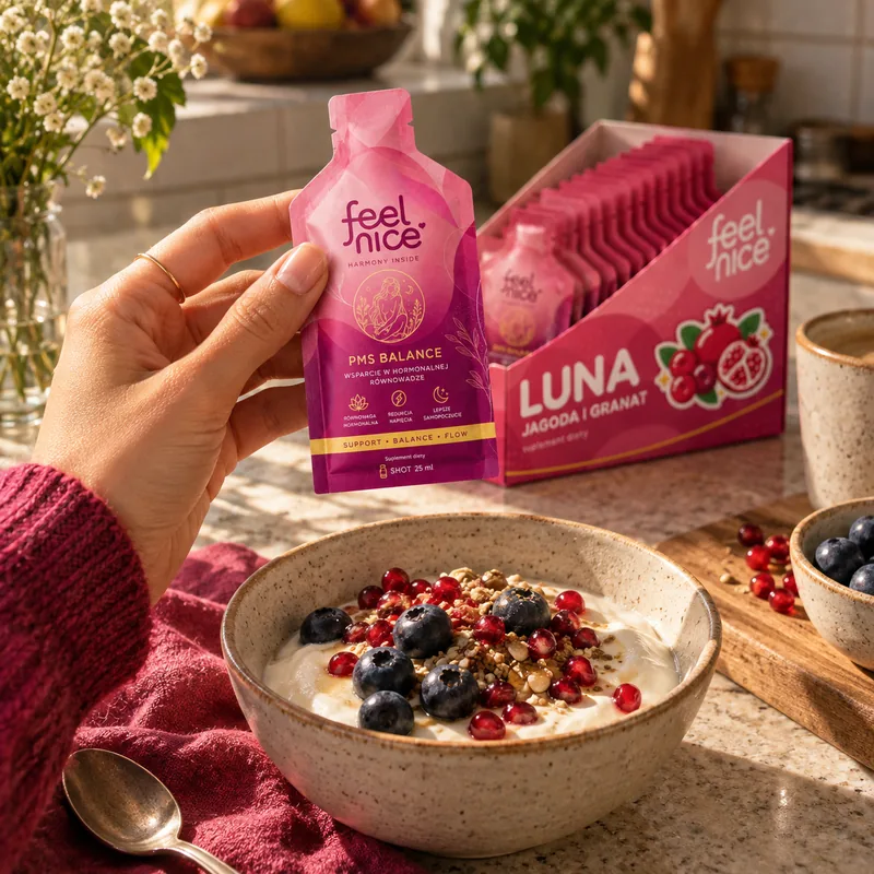 Jogurt z jagodami i granatem i saszetka Luna nad miseczką